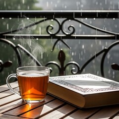 Cozy tea and book on a wooden table during a rainy day