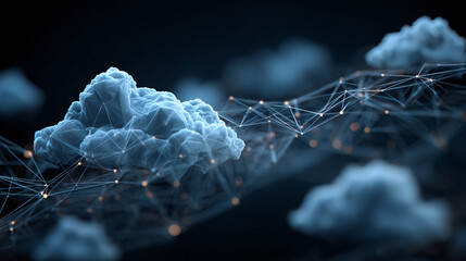 Cloud computing, an artistic depiction of interconnected data represented by a network of glowing nodes and lines forming clouds. A visual metaphor for digital transformation