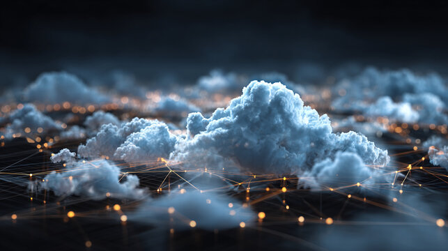 An artistic image featuring fluffy clouds intertwined with network connections, representing the concept of cloud computing and data communication
