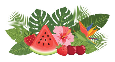 Tropical fruits and exotic hibiscus flowers are presented in a flat 2D vector illustration featuring watermelon, cherries, and strawberries isolated on a clean white background.