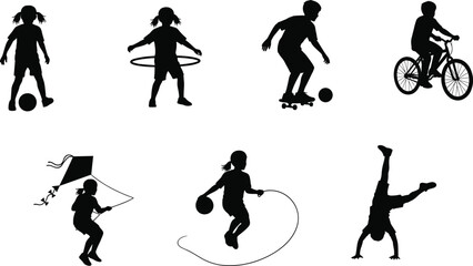 Silhouette of children playing outdoor activities, riding bicycle, jumping rope, flying kite, hula hooping, skateboarding, exercising, active kids vector, cad drawing flat vector illustration