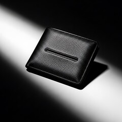 Luxurious black leather wallet on a dramatic light and shadow background