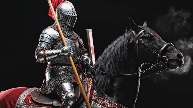 Knight in shining armor riding a majestic black horse adorned with red and silver medieval barding, showcasing power.