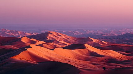 Expansive landscape showcases rolling sand dunes illuminated by twilight colors