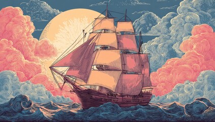 A majestic sailing vessel with crimson sails, navigating ocean waves beneath a pastel sunset sky
