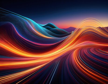 an abstract landscape displaying flowing lines with a glowing effect evokes a sense of illumination and creativity serving as a visually captivating piece in contemporary art and design