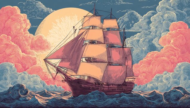 A majestic sailing vessel with crimson sails, navigating ocean waves beneath a pastel sunset sky