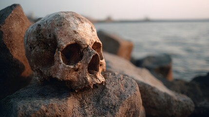 Obraz premium Weathered human skull rests upon rough coastal stones near water at sunset