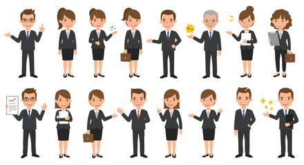 A diverse collection of professional business cartoon characters, including men and women in various engaging poses, suitable for corporate and
