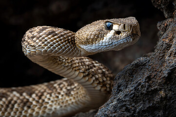 Fototapeta premium Intense Rattlesnake Portrait with Piercing Gaze and Detailed Scales Against Dark Rock
