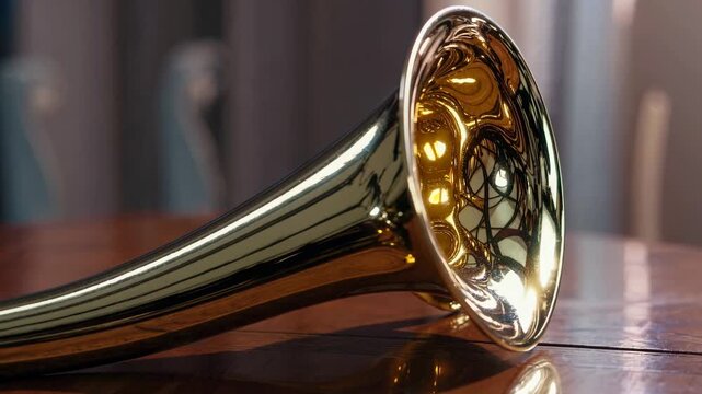 Close-up video of a brass instrument's bell on a wooden table, showcasing reflections and details from a low-angle perspective.