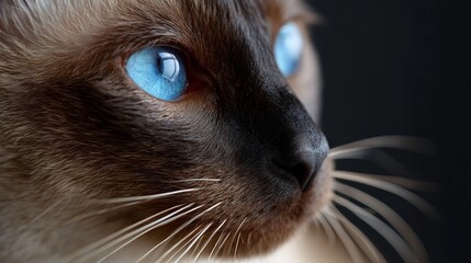 Siamese cat with striking blue eyes looking thoughtfully in a dark background