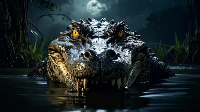 Massive Alligator Lurking in a Dark Swamp at Night.