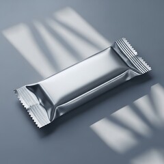 Blank silver foil wrapper for a candy bar or snack on a gray background