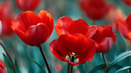 Fototapeta premium Radiant Red Tulips in Full Bloom, One Open, Revealing Intricate Center, Soft Teal Backdrop