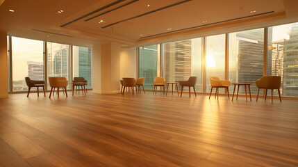  Minimalist lounge with warm wood floors and neutral walls, bathed in natural light through expansive windows. real-estate listings.