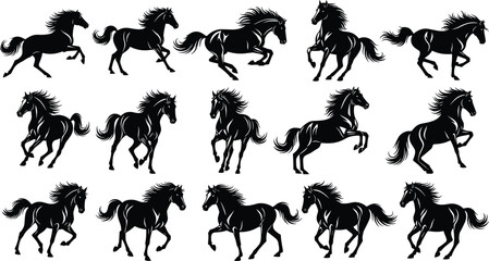 Horse silhouettes, dynamic running and galloping poses, black vector animals, equine motion study, detailed mane illustration, minimal design, nature concept