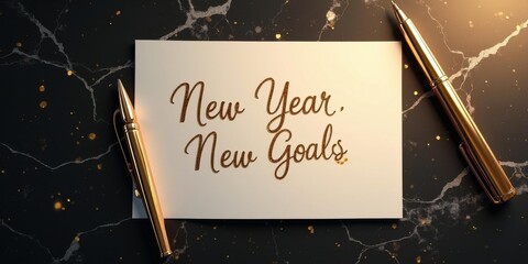 Luxury New Year flat lay: gold-foil 'New Year, New Goals' card & pens on black marble