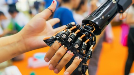 A human hand interacts with a sophisticated black robotic prosthetic hand, indoors