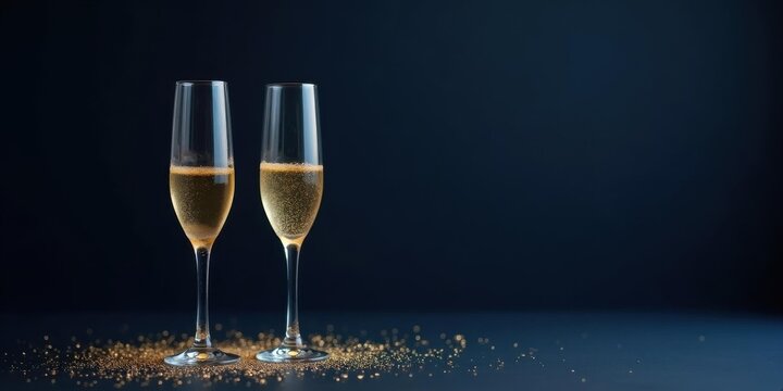 Champagne Flutes with Gold Bubbles & Glitter on Navy Blue &mdash; NYE Toast