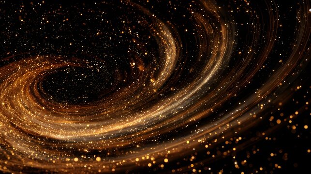 Brilliant golden particles trace swirling abstract curves against a deep black background