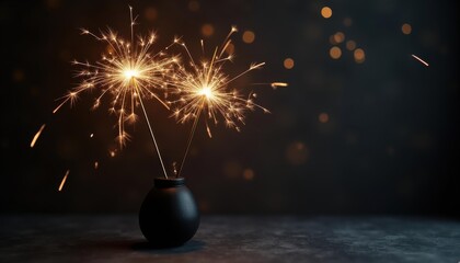Moody close-up of two golden sparklers in black vase — New Year banner