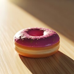 Close up of a delicious glazed donut with purple icing on a wooden table
