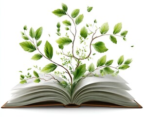 Open book sprouts a vibrant tree with bright green leaves on a white background