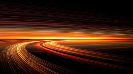 Bright orange and red light streaks curve sharply across a dark abstract background suggesting motion