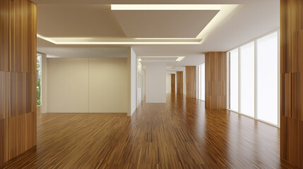  Minimalist lounge with warm wood floors and neutral walls, bathed in natural light through expansive windows. real-estate listings.