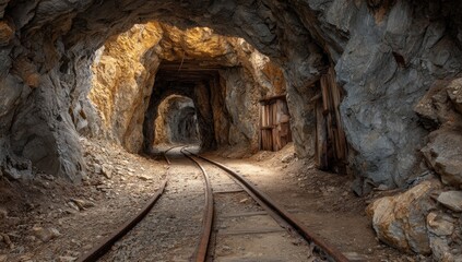 Obraz premium A long, dark tunnel with tracks disappearing into the distance, with a wooden door
