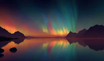 Aurora borealis over calm water reflecting colorful light in dark mountains