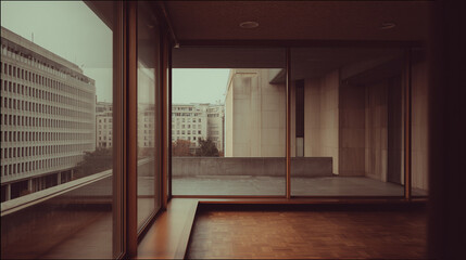  Minimalist lounge with warm wood floors and neutral walls, bathed in natural light through expansive windows. real-estate listings.