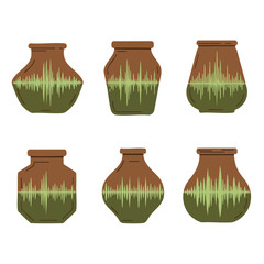 A diverse collection of earthenware vessels showcasing vibrant green dynamic soundwave patterns, merging classic pottery with modern design aesthetics