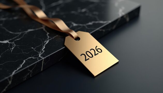 Luxury Gold New Year 2026 Tag on Black Marble — Satin Ribbon Promo Banner