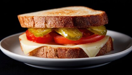 Close-up of a grilled cheese sandwich with tomato and pickles on a white plate