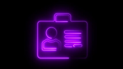 Glowing neon line Identification badge icon isolated on black background. Neon purple ID card icon for futuristic credential UI Bright cyber badge symbol with technological design,