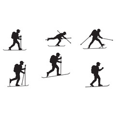 Naklejka premium Six silhouettes of skiers with backpacks and poles