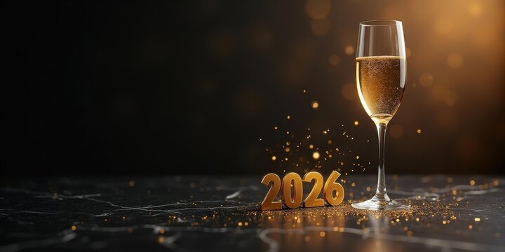 Gold 2026 numbers & champagne flute on black marble — luxury NYE banner