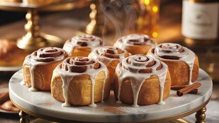 Fototapeta premium Warm cinnamon rolls illustration with sweet white icing on a marble stand ready for a delicious treat