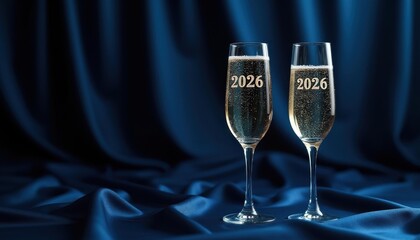 Luxury Gold 2026 Champagne Flutes on Deep Navy Satin — New Year Banner