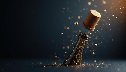 Champagne cork popping with gold glitter & confetti — cinematic close-up on dark navy background, left copy space for luxury New Year/Gala promo
