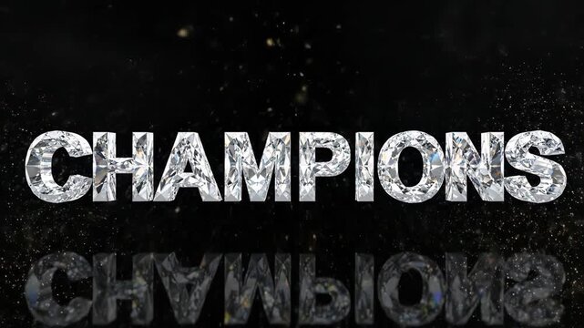 Diamond champions animation with sparkling particles and reflections on a black surface