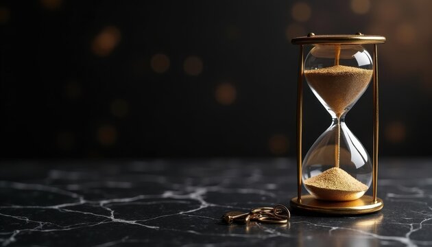 Gold hourglass & keys on black marble, luxury limited-time countdown banner