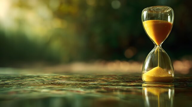 Glass hourglass filled with golden sand rests on a reflective surface with a soft natural background