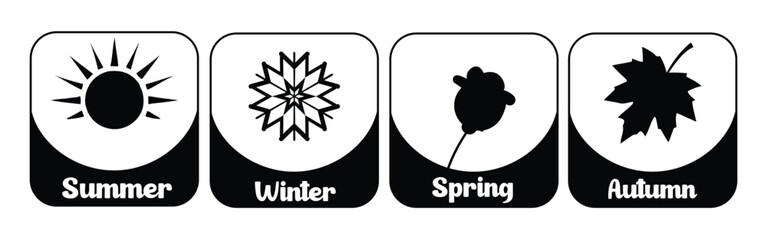 Four panels depicting the seasons with sun for summer, snowflake for winter, flower for spring, and leaf for autumn