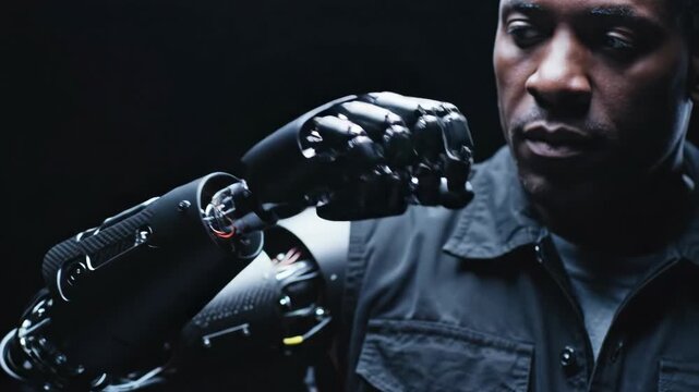 African american man adjusting his advanced robotic prosthetic arm. Future technology concept for bionic limb and rehabilitation.