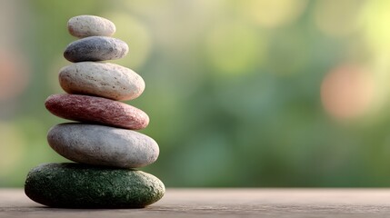 Stacked smooth stones rise vertically against a soft green outdoor background