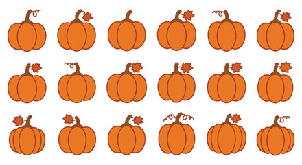 A charming collection of vibrant orange pumpkins with various stems and small leaves perfect for fall themed designs