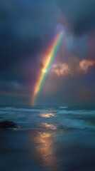 Rainbow over the sea: Witness the vibrant arc of a rainbow stretching across a stormy sky, its colors reflected on the tranquil sea. A captivating scene of nature's beauty and atmospheric wonders.